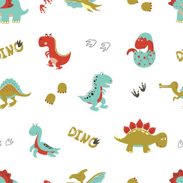 Seamless cartoon dinosaurs pattern. Vector dino background for kids design.
