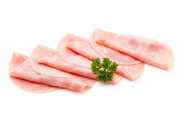 Thin slices of ham on white background.