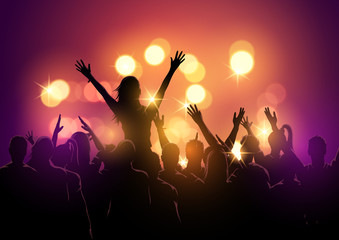 A group of young people in a crowd at a music festival concert. Vector illustration