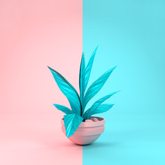 A pastel pink and cyan house plant matching background colours. 3D  illustration.