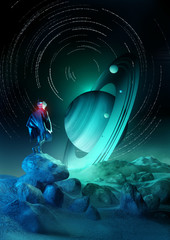 Naklejka premium Wonder Exploration. A futuristic human exploring a strange planet system. 3D illustration.