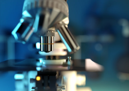 A modern microscope examining a biological test sample in a science laboratory. 3D illustration.