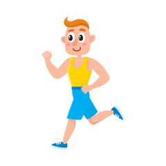Young man running, training in gym, doing sport exercises, cartoon vector illustration isolated on white background. Cartoon man, guy running, doing cardio in gym