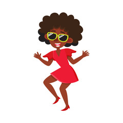 Pretty black, African American woman, retro disco dancer, cartoon vector illustration isolated on white background. Young black African American woman dancing at retro disco party, having fun