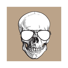 Hand drawn human skull wearing black and white aviator sunglasses, sketch style vector illustration isolated on brown background. Realistic hand drawing of skull wearing sunglasses
