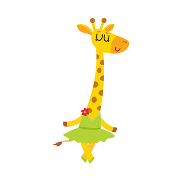 Happy cute little giraffe character, ballet dancer in tutu skirt, cartoon vector illustration isolated on white background. Little giraffe baby animal, ballet dancer, ballerina in tutu