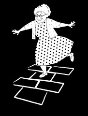 Elderly woman playing hopscotch, EPS 8 vector illustration, no white objects, black only