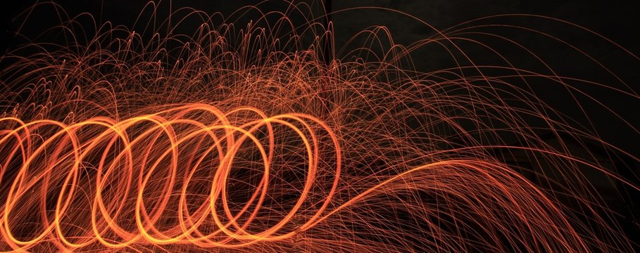 Spirals, loops and trails of light created with steel wool photography.