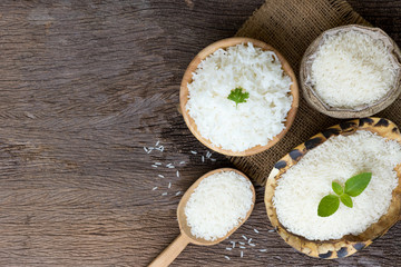 grains cooking of Thai jasmine rice or white rice in bowl on wooden Background