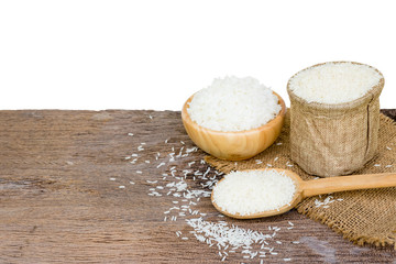 grains cooking of Thai jasmine rice or white rice in bowl on wooden Background