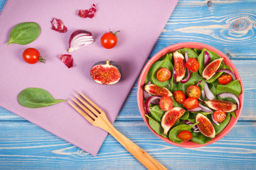 Fresh prepared fruit and vegetable salad and ingredients for preparing meal