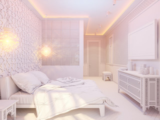 3d illustration bedroom interior design of a hotel room in a traditional Islamic style. Deluxe room background interior view decorated with arabian motifs. Render in white without textures