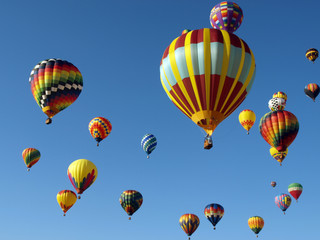 Obraz premium Colorful Hot Air Balloons Fly in a Clear Blue Sky