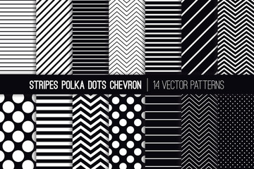 Black and White Stripes, Chevron and Polka Dot Vector Patterns. Modern Minimal Backgrounds. Diagonal and Horizontal Variable Thickness Lines. Tiny to Jumbo Spots. Pattern Tile Swatches Included.
