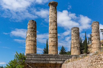 Columns in The Temple of Apollo in Ancient Greek archaeological site of Delphi, Central Greece