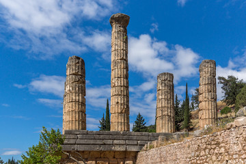 Columns in The Temple of Apollo in Ancient Greek archaeological site of Delphi, Central Greece