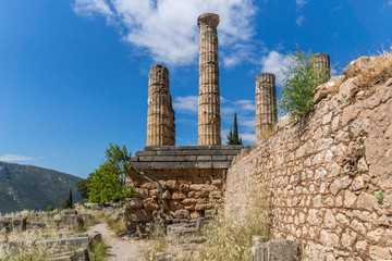 Columns in The Temple of Apollo in Ancient Greek archaeological site of Delphi, Central Greece