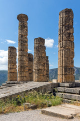 Columns in The Temple of Apollo in Ancient Greek archaeological site of Delphi, Central Greece