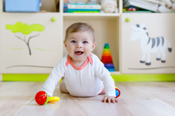 Cute baby girl playing with colorful rattle toys