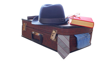 Suitcase and hat , retro, red book , Isolated on white background. Road Travel accesories, 