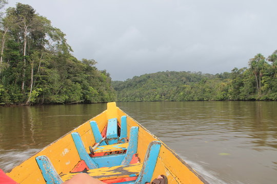 Pirogue sur le fleuve en Guyane Fran&ccedil;aise