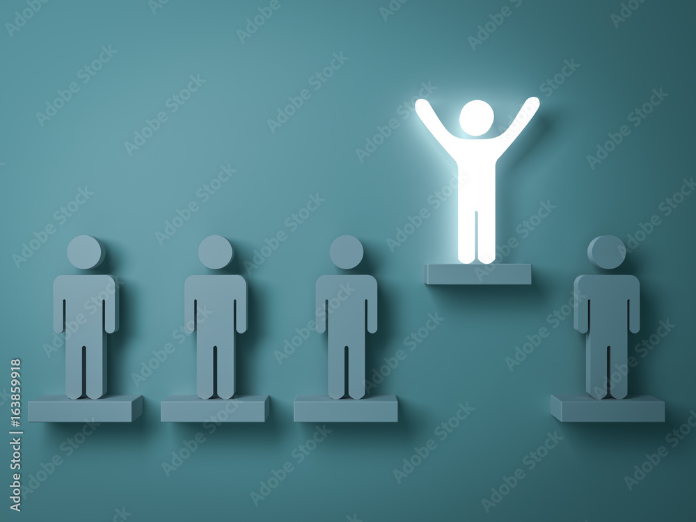 Fototapete Stand out from the crowd and different creative idea concepts , One glowing light man standing with arms wide open above other people on green background with reflections and shadows . 3D rendering.