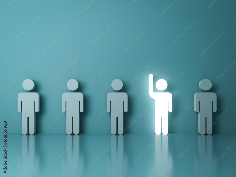 Aufkleber stand out from the crowd and different concept , one glowing light man raising his hand among other 