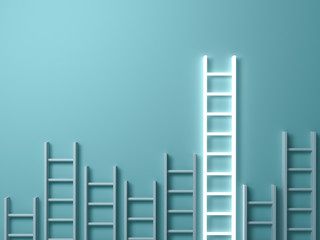 Stand out from the crowd and different creative idea concepts , Longest ladder glowing among other short ladders on light green background with shadows . 3D rendering. - obrazy, fototapety, plakaty