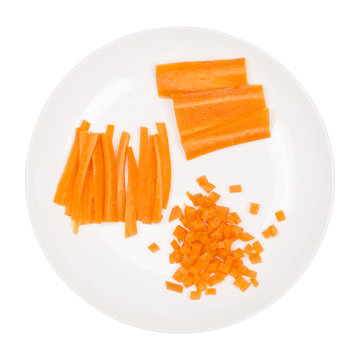 Raw chopped carrot in a plate. Top view.