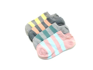 set of several multi colored socks isolated on white background