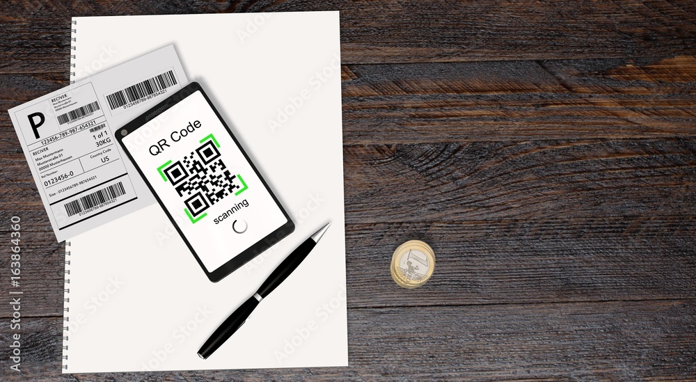 Wall mural qr code scanning from a shipping stickers with modern touchscreen smartphone