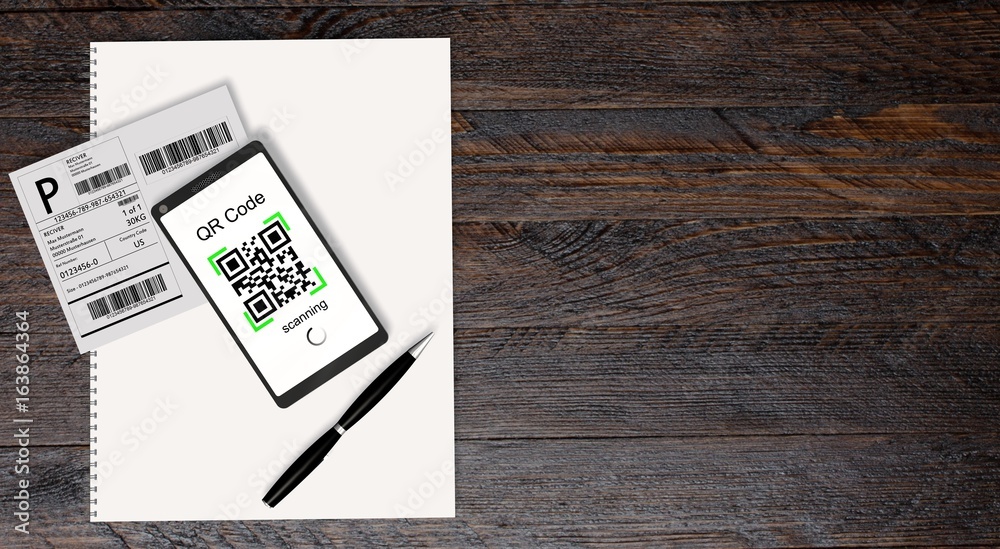 Wall mural qr code scanning from a shipping stickers with modern touchscreen smartphone