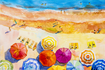 Obrazy  Malowanie akwarela seascape kolorowy kochanków, rodzinne wakacje.
