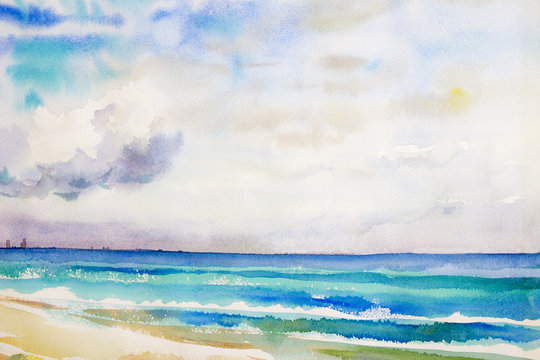 Watercolor seascape  original  painting colorful of sea view,beach