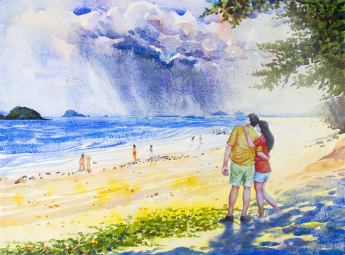 Painting colorful of  Men and women couples with rain clouds.