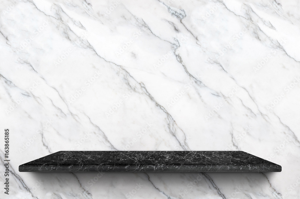 Poster empty black marble shelf at white marble wall background,mock up for display or montage of product o