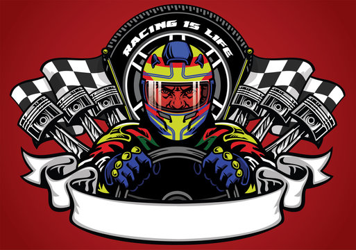 car racer wearing helmet with ribbon for text space