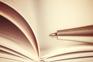 selective focus of the ball pen on opened lined diary book , vintage retro color tone