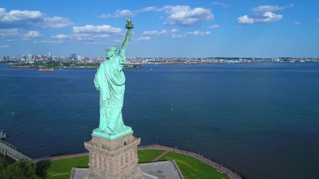 Aerial drone video Statue of Liberty flyby reveal New York City 4k 60p