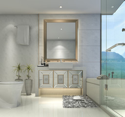 3d rendering modern classic bathroom with luxury tile decor with nice nature view from window