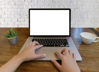 Fototapeta premium Workspace background new project on laptop computer with blank copy space screen for your advertising text message Laptop with blank screen on table.