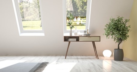 White empty room with green landscape in window. Scandinavian interior design. 3D illustration