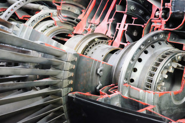 fighter turbojet  engine cutaway. the blades in the area of the compressor. selective focus.