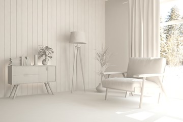 White room with armchair. Scandinavian interior design. 3D illustration