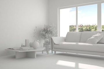 White room with sofa and green landscape in window. Scandinavian interior design. 3D illustration