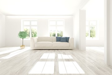 White modern room with sofa. Scandinavian interior design. 3D illustration