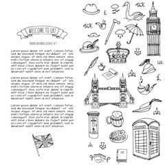 Hand drawn doodle United Kingdom set Vector illustration UK icons  Welcome to London elements British symbols collection Tea Bus Horse riding Golf Crown Beer Lion Bulldog London bridge Big Ben Tower