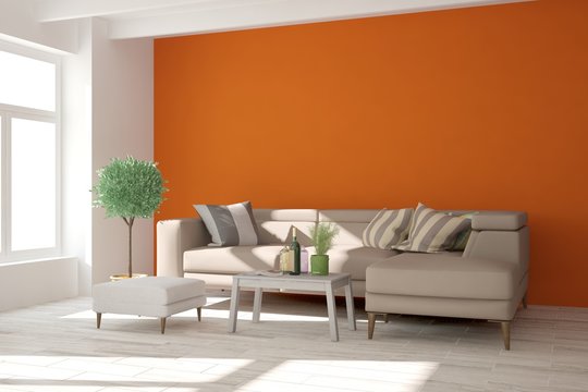 Orange room with sofa. Scandinavian interior design. 3D illustration