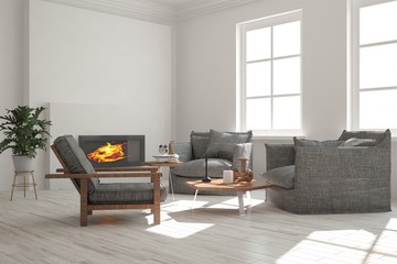 White modern room with armchair. Scandinavian interior design. 3D illustration