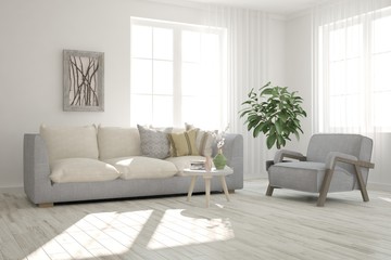 Fototapeta premium White modern room with sofa. Scandinavian interior design. 3D illustration